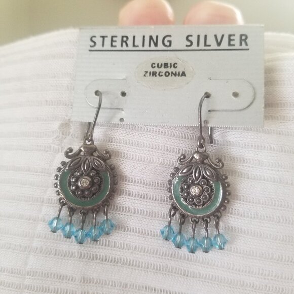 Sterling Silver Enamel Cubic Zirconia Crystal Chandelier Earrings Pierced Hooks - Picture 1 of 4